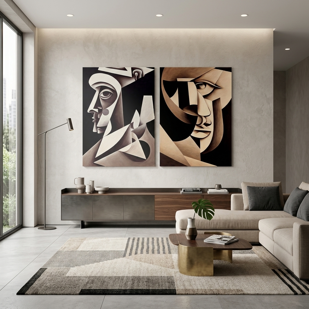 Modular 2-piece diptych Two portraits abstract cubism Multi Panel Canvas Wall Art Print