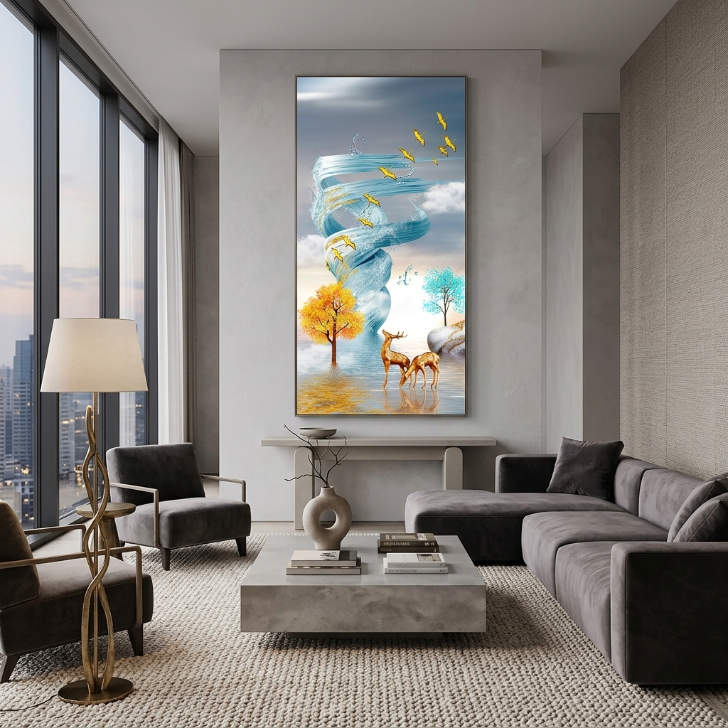 Two deer against the background of a water tornado in a soft blue color Abstraction Canvas Wall Art Print