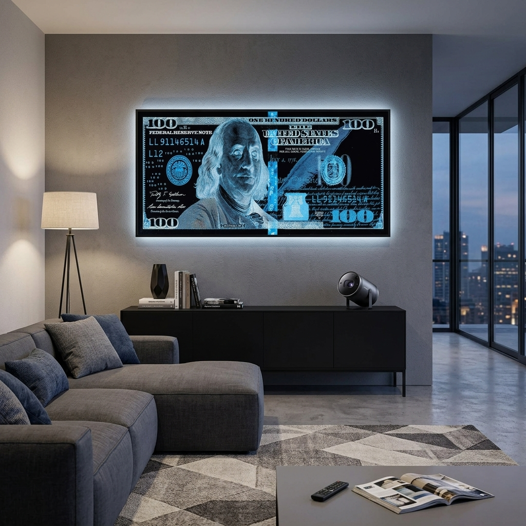 100 dollars black and blue Inspirational Canvas Wall Art Print
