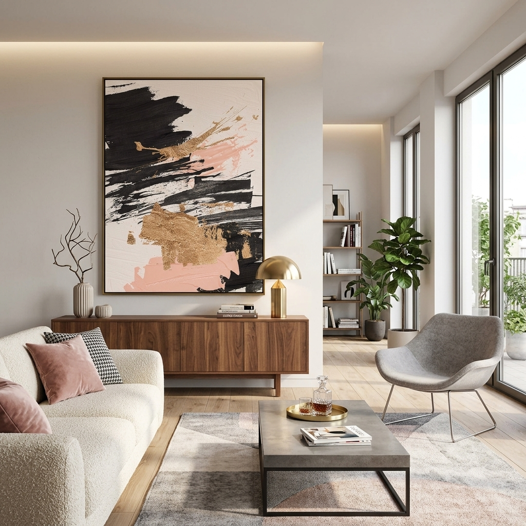 Strokes of black and pink tones with goldAbstraction Canvas Wall Art Print