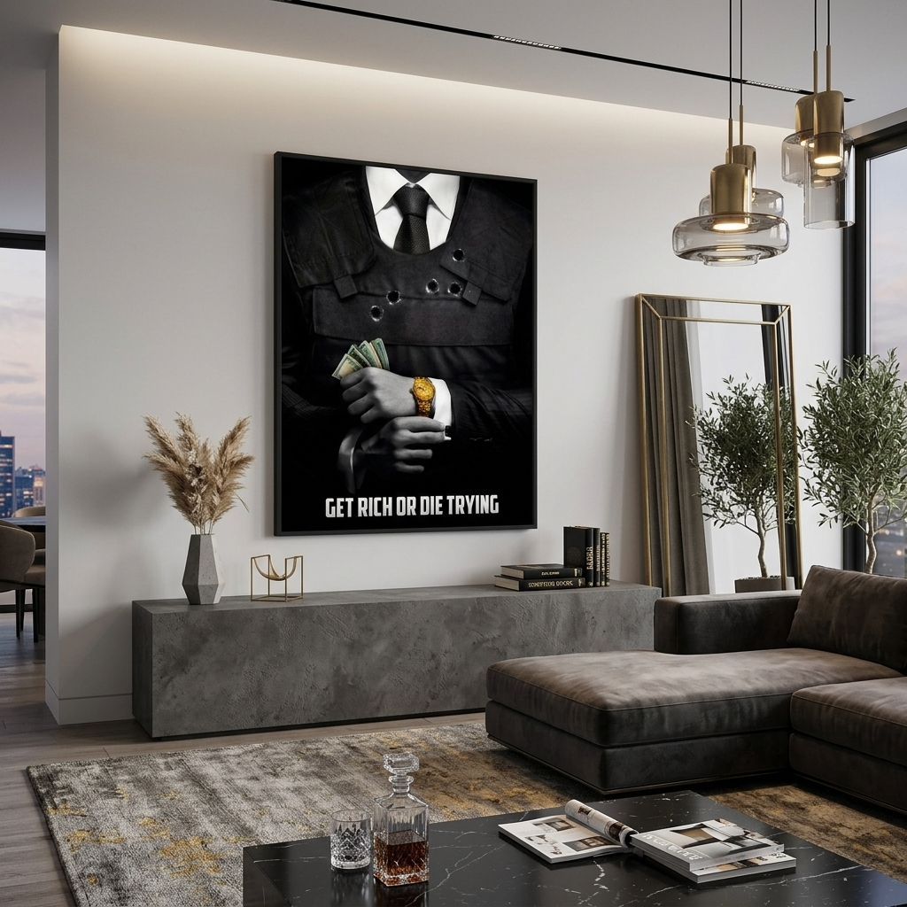 A man in a suit with money in his hands and a gold watch on his wrist with the inscription Motivational Canvas Wall Art Print