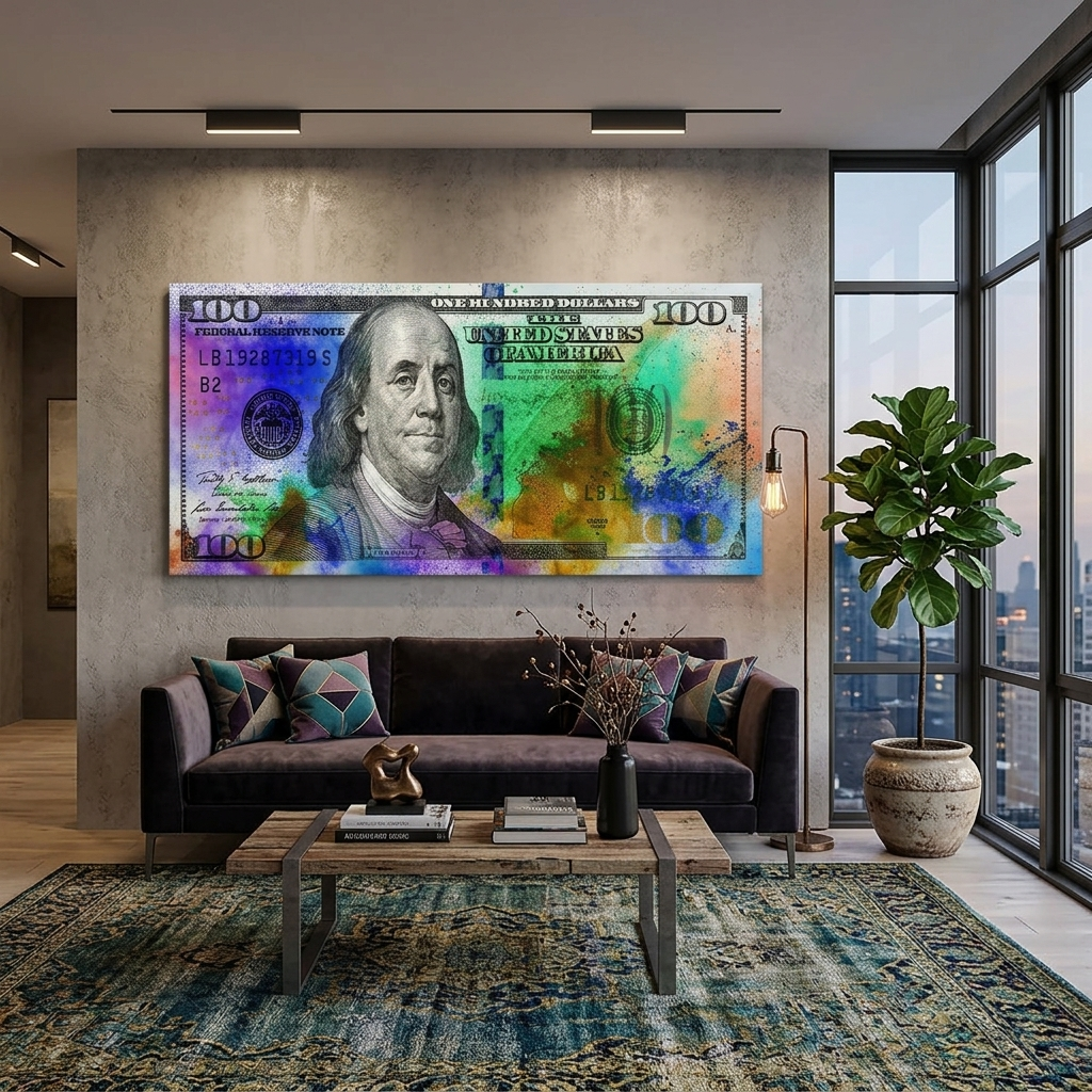 100 dollars with multicolored spots Inspirational Canvas Wall Art Print