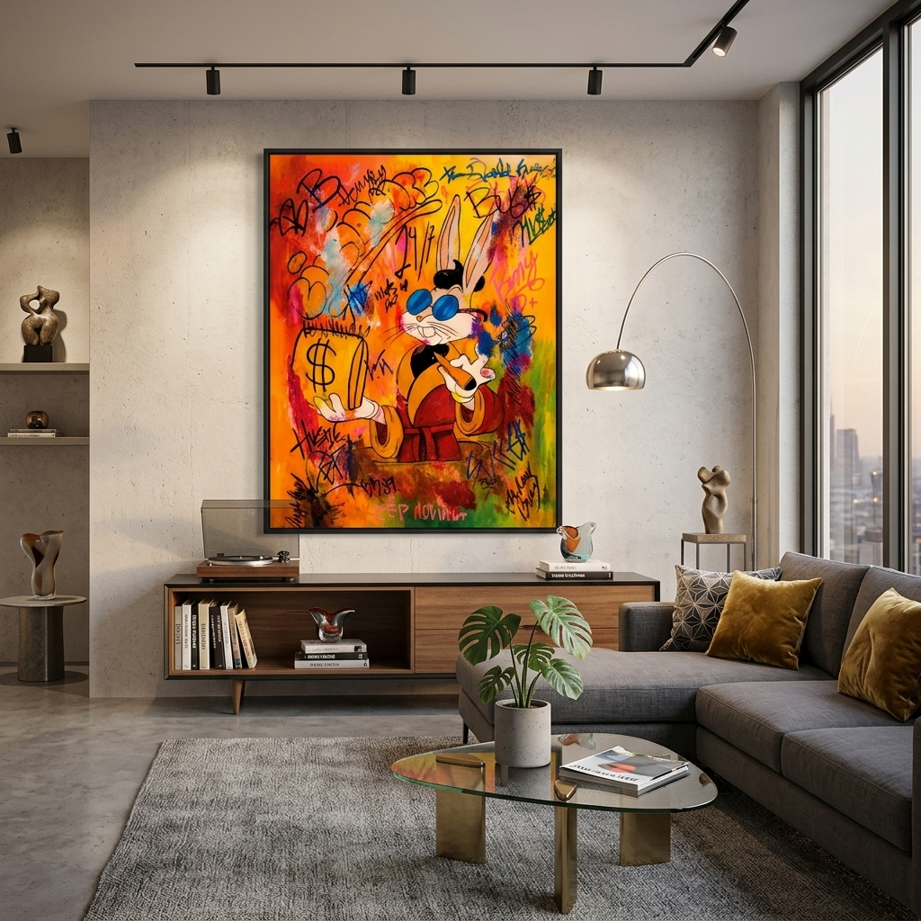 A rabbit with orange graffiti Canvas Wall Art Print