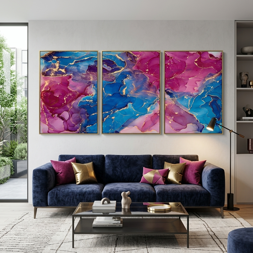 Modular abstraction in shades of pink and blue Multi Panel Canvas Wall Art Print