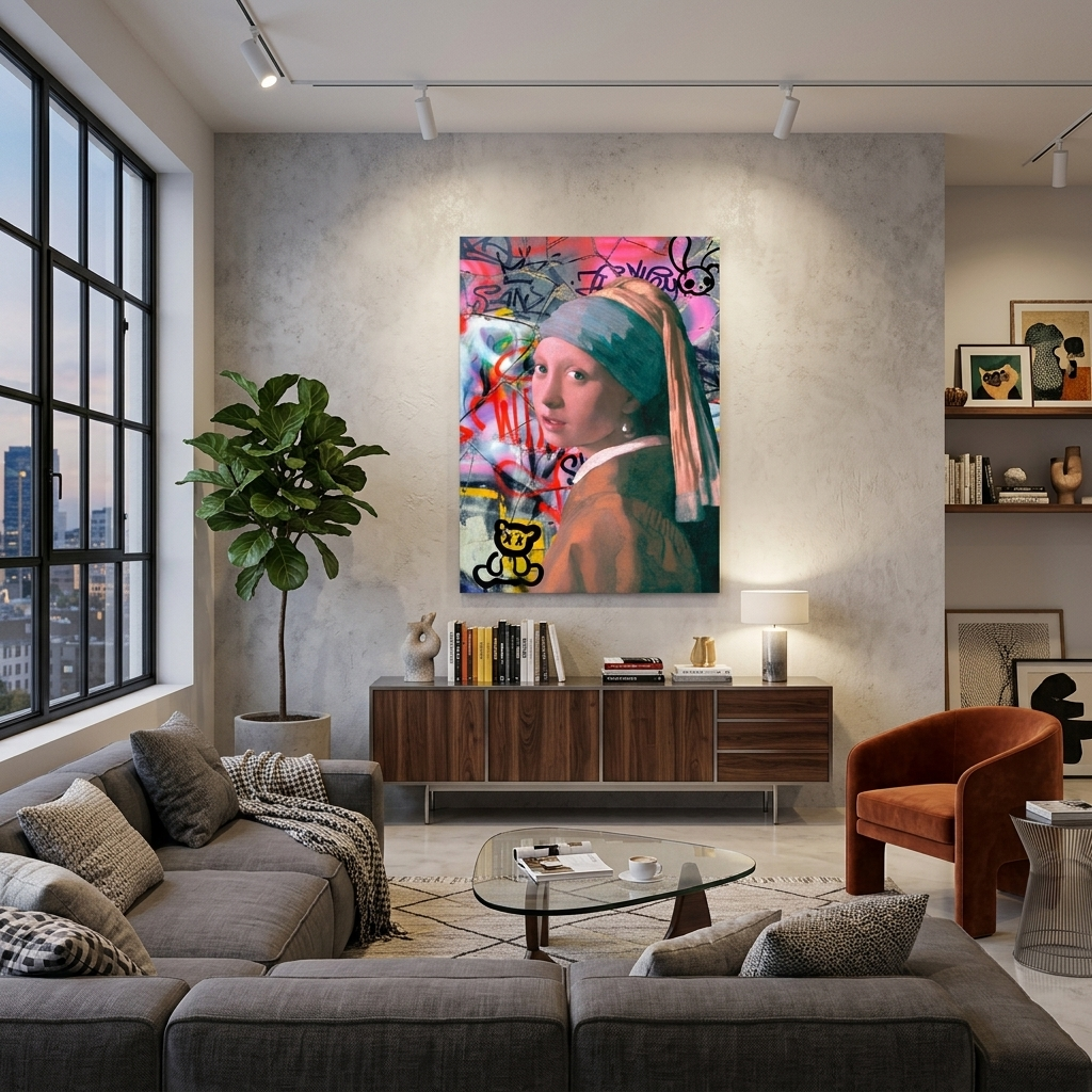 Canvas Wall Art Print Girl with a pearl earring on the background of cracked wall in garffiti