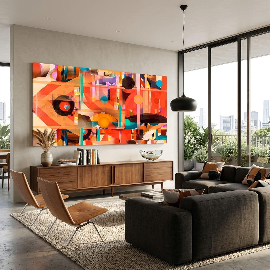 Geometric abstraction in red black and yellow colors Abstraction Canvas Wall Art Print