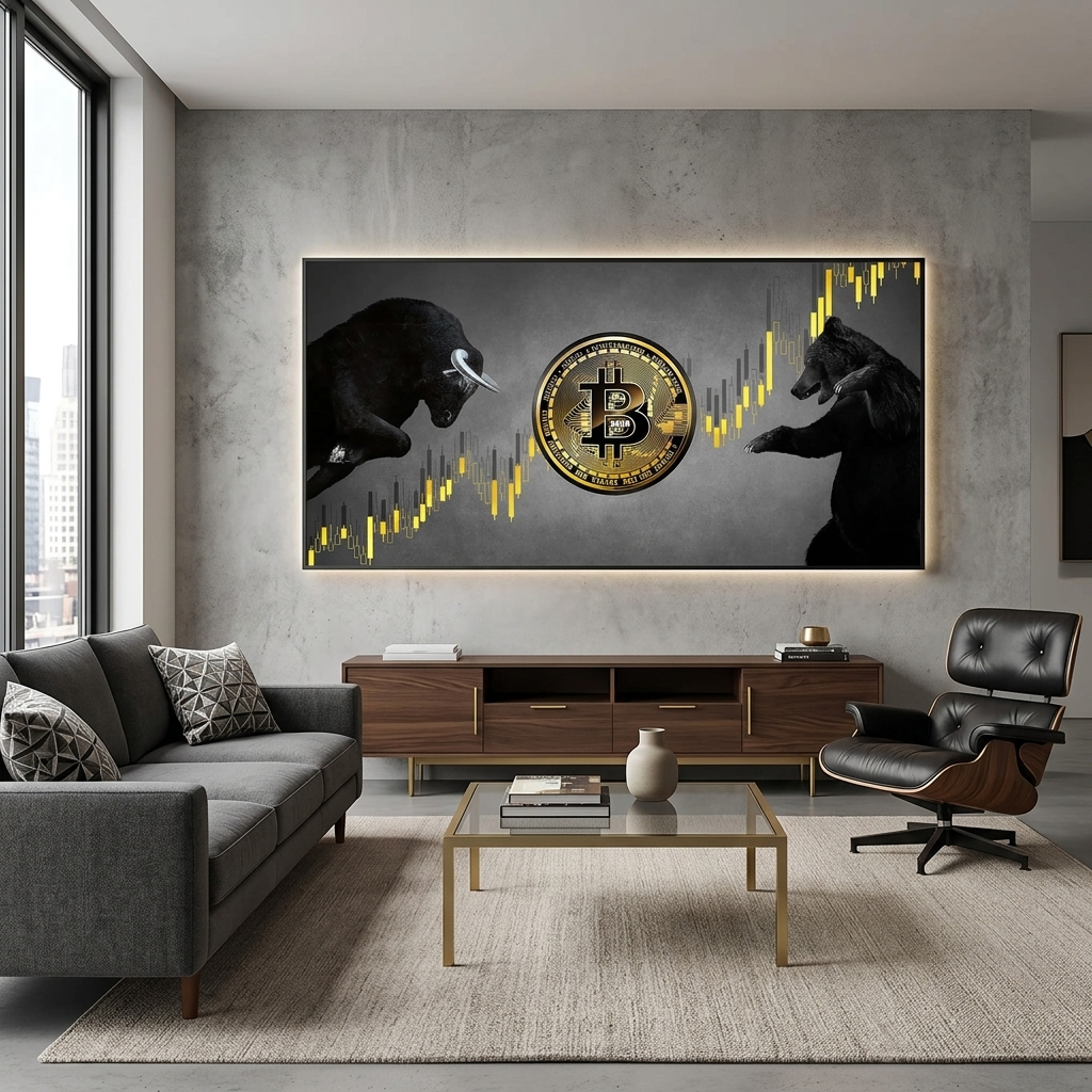 Bitcoin bull and bear on a gray background Inspirational Canvas Wall Art Print