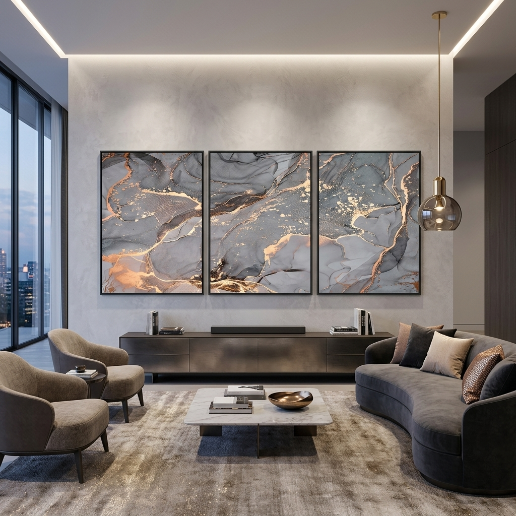Modular gray-gold abstract Multi Panel Canvas Wall Art Print