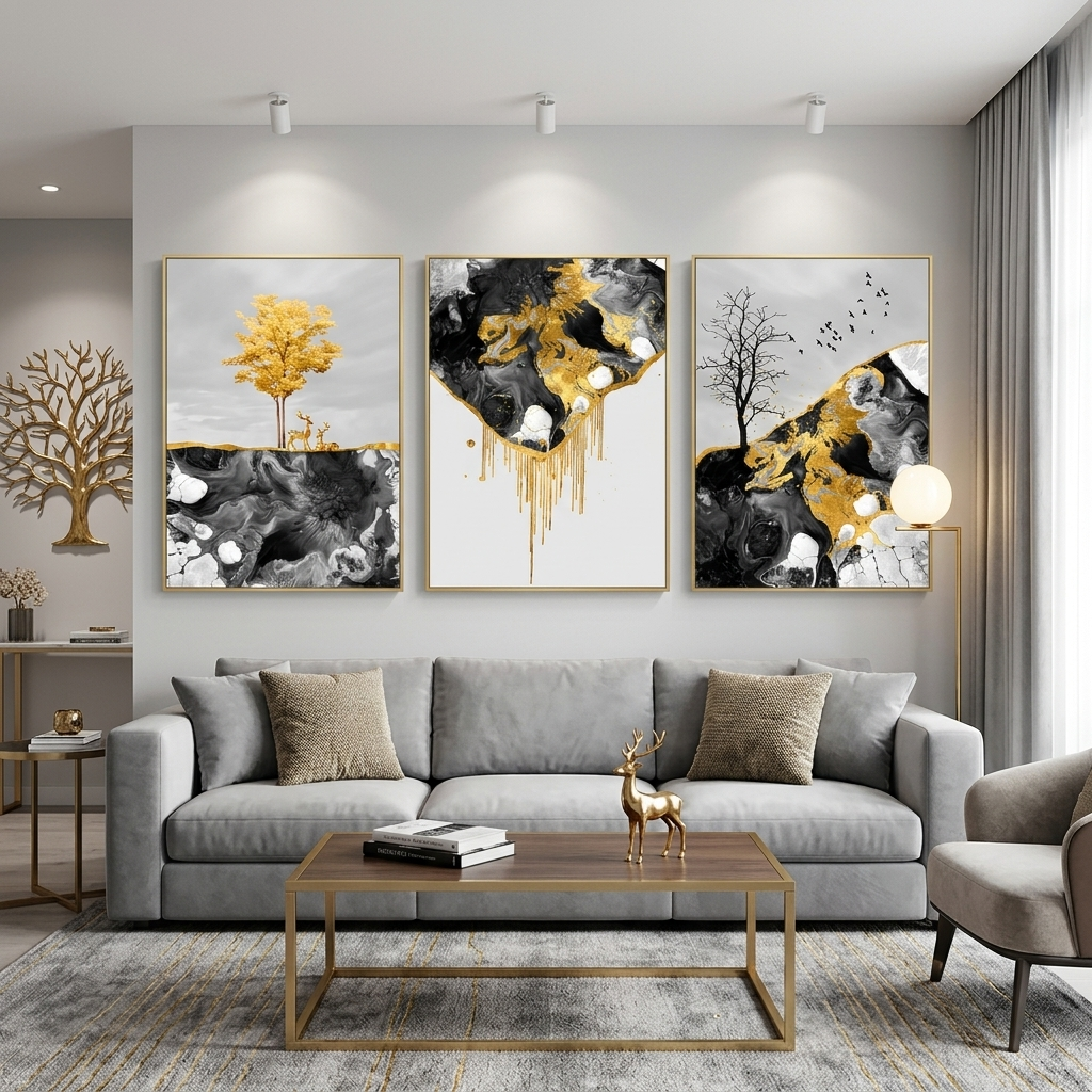 Modular abstract in dark shades with golden color Multi Panel Canvas Wall Art Print