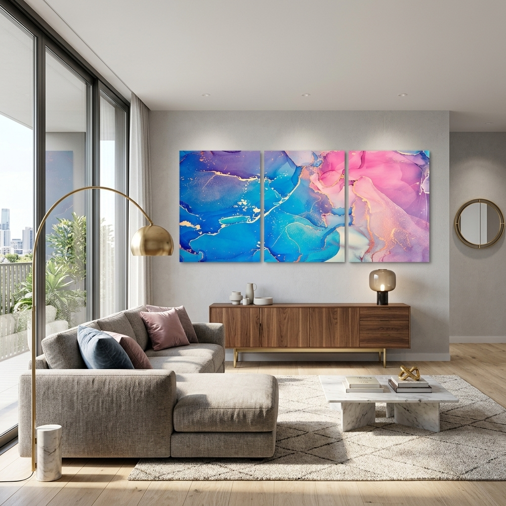 Modular blue and pink abstract Multi Panel Canvas Wall Art Print