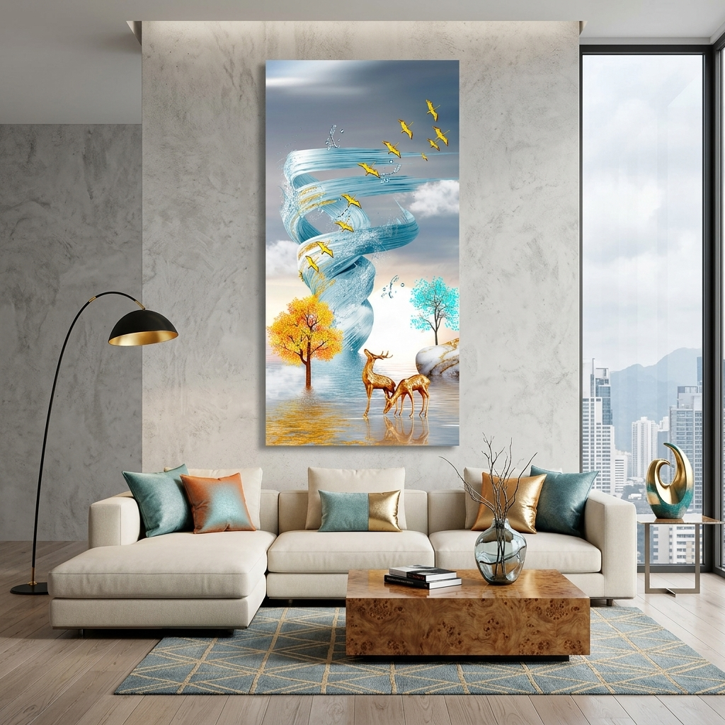 Two deer against the background of a water tornado in a soft blue color Abstraction Canvas Wall Art Print
