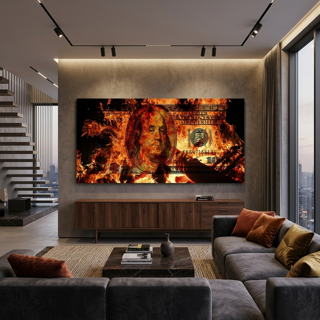 Inspirational Canvas Wall Art Print 100 dollars on fire