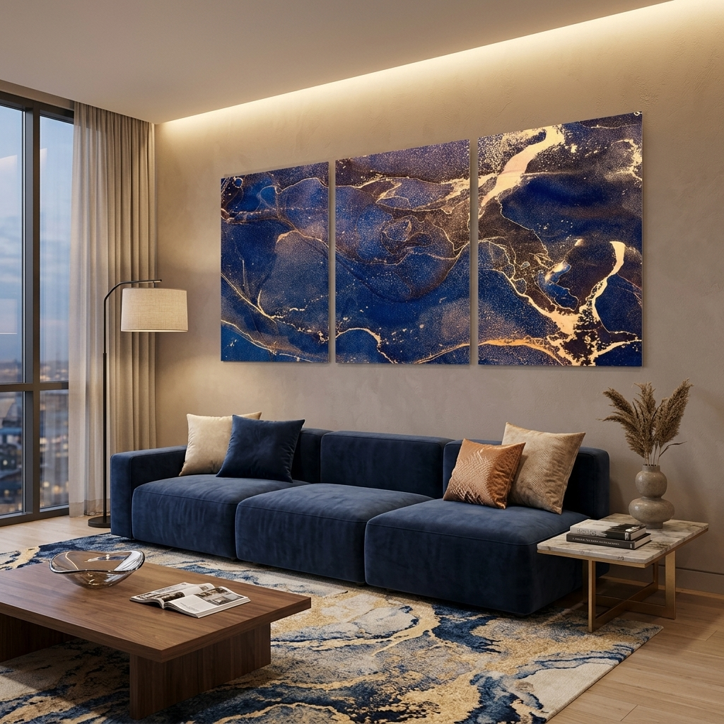 Modular blue-gold abstract Multi Panel Canvas Wall Art Print