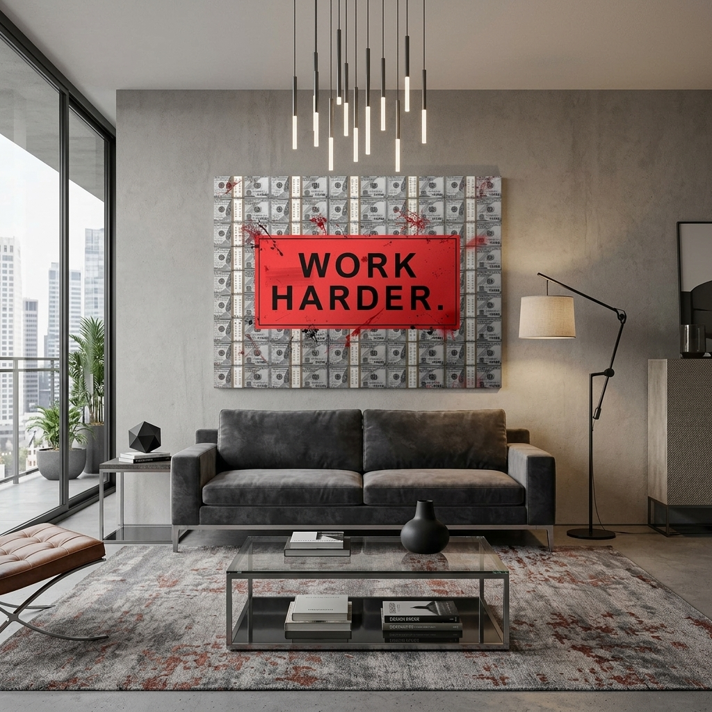 WORK HARDER against the backdrop of dollars.Motivational Canvas Wall Art Print