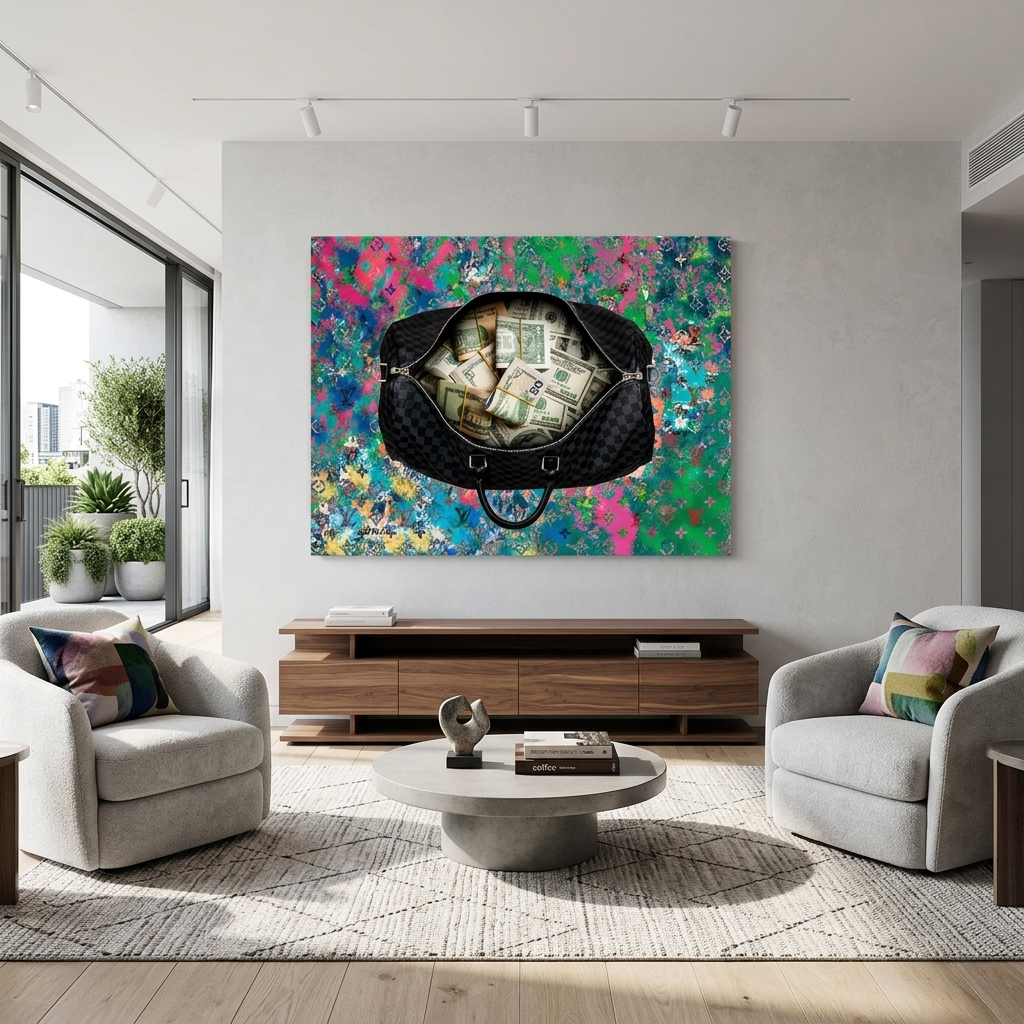 A black bag with money in the background of graffiti Inspirational Canvas Wall Art Print