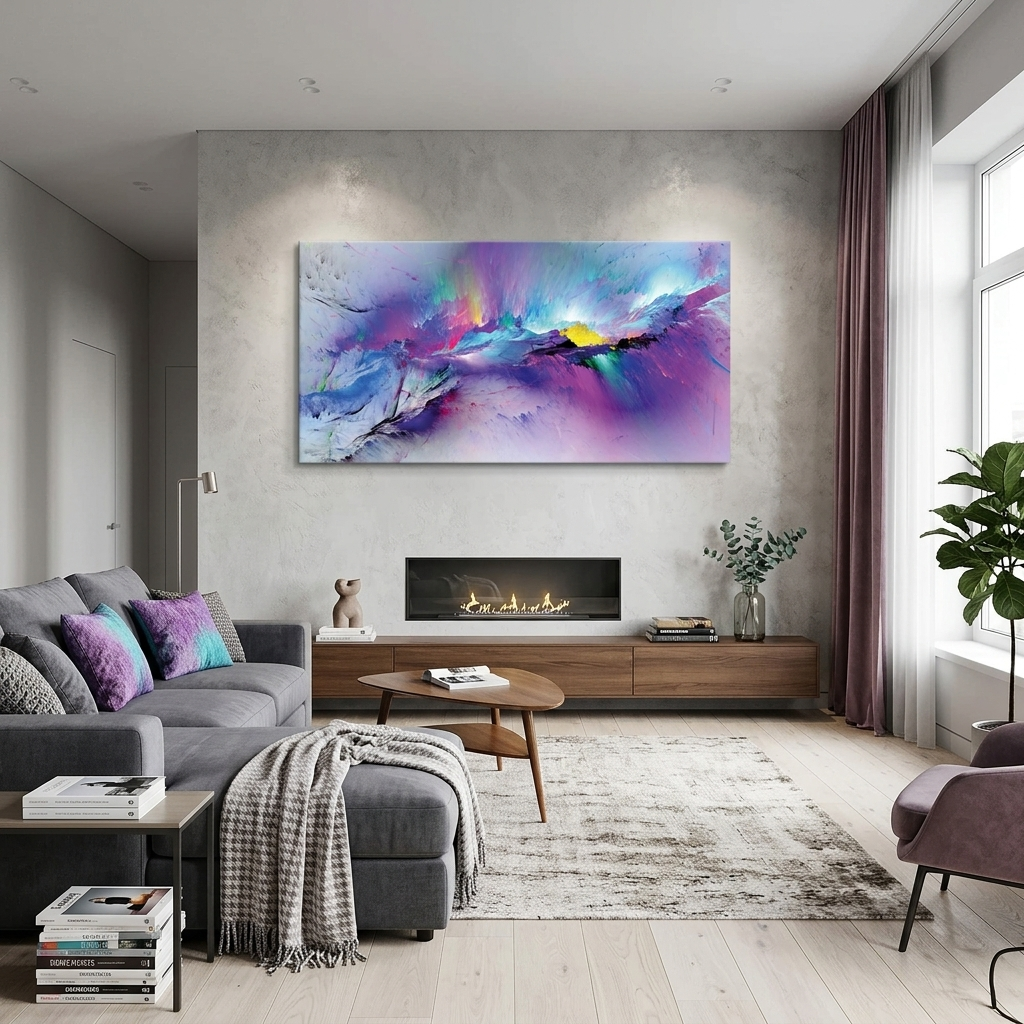 Violet blue abstract with small details of yellow and pink Abstraction Canvas Wall Art Print