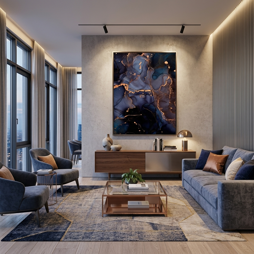 Dark blue abstract with gold elements Abstraction Canvas Wall Art Print