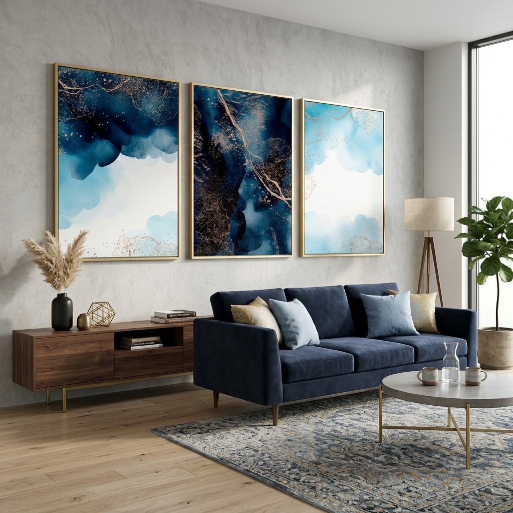 Modular navy-blue abstract with gold elements Multi Panel Canvas Wall Art Print