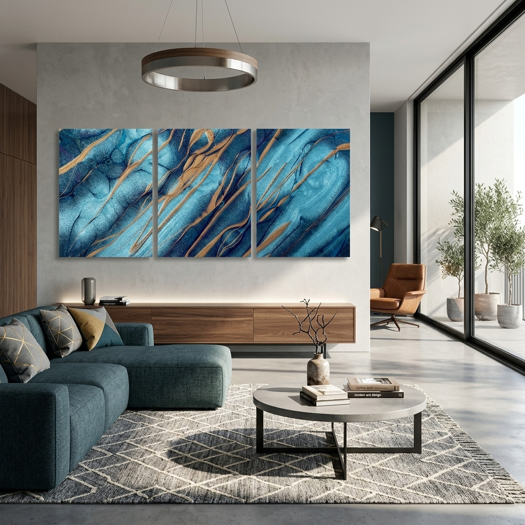Modular blue-blue abstract with gold elements Multi Panel Canvas Wall Art Print