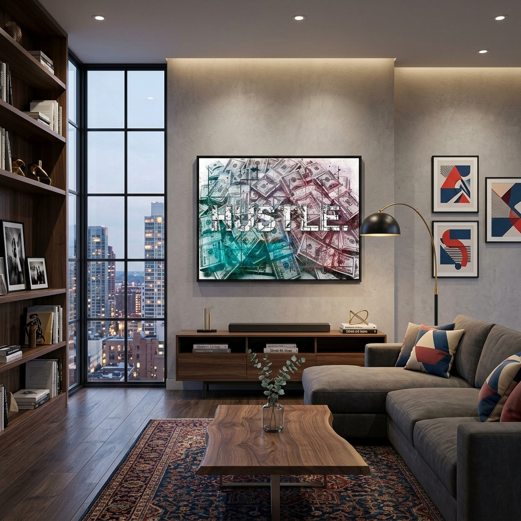 HASTLE. against the backdrop of dollars. Inspirational Canvas Wall Art Print