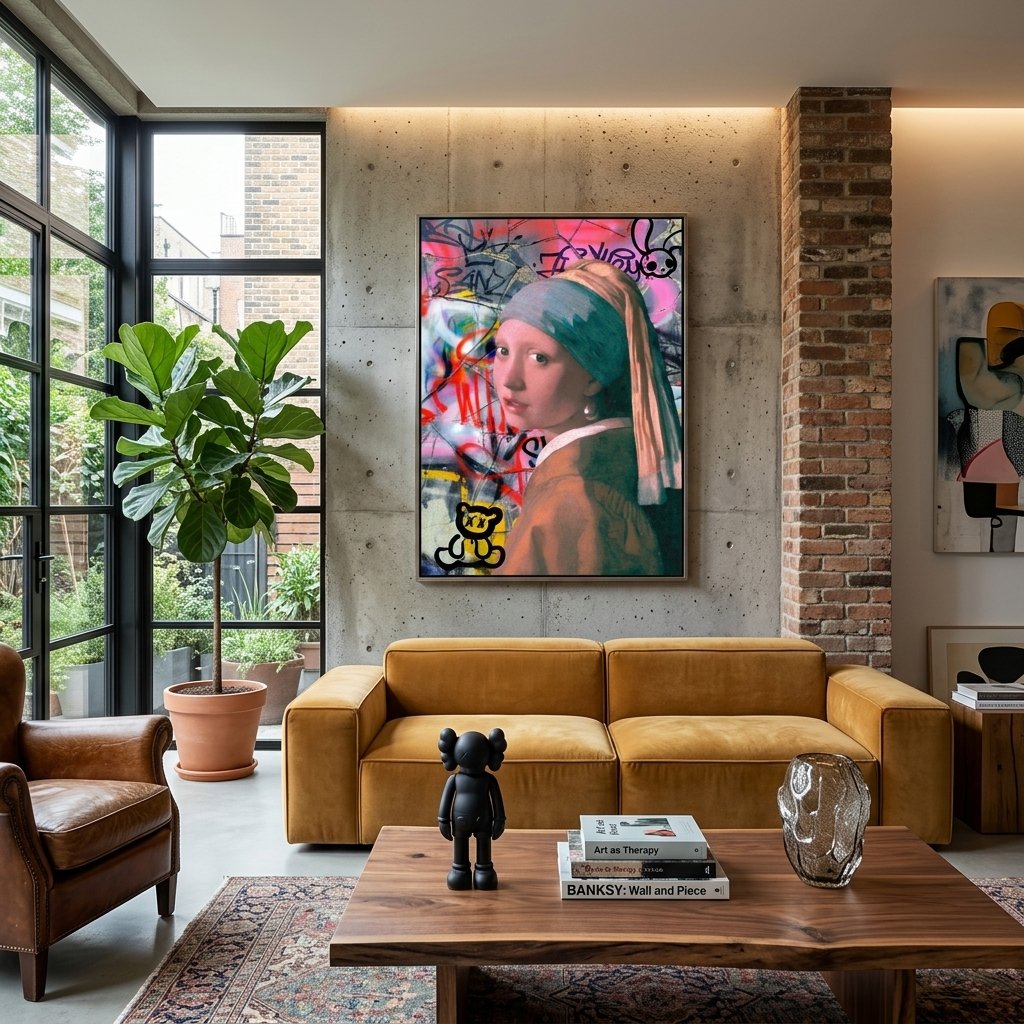 Canvas Wall Art Print Girl with a pearl earring on the background of cracked wall in garffiti