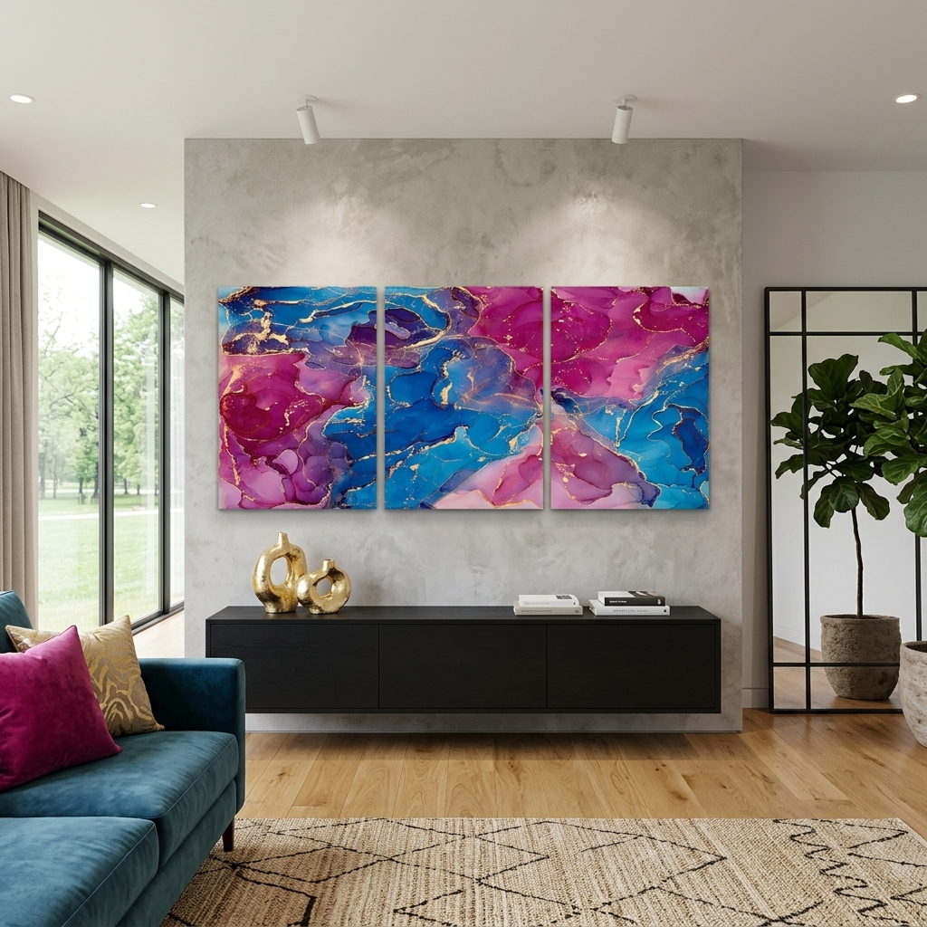 Modular abstraction in shades of pink and blue Multi Panel Canvas Wall Art Print