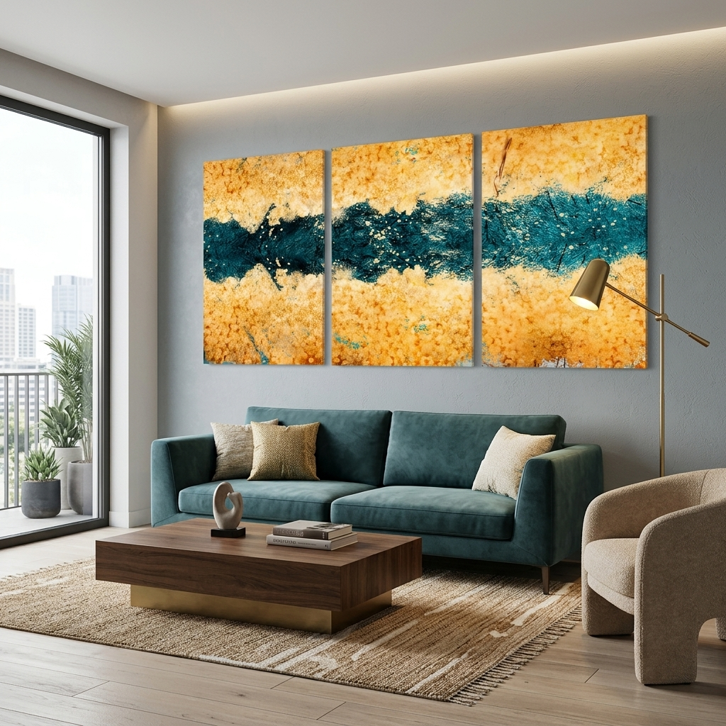 Modular gold abstract with dark green flowers Multi Panel Canvas Wall Art Print