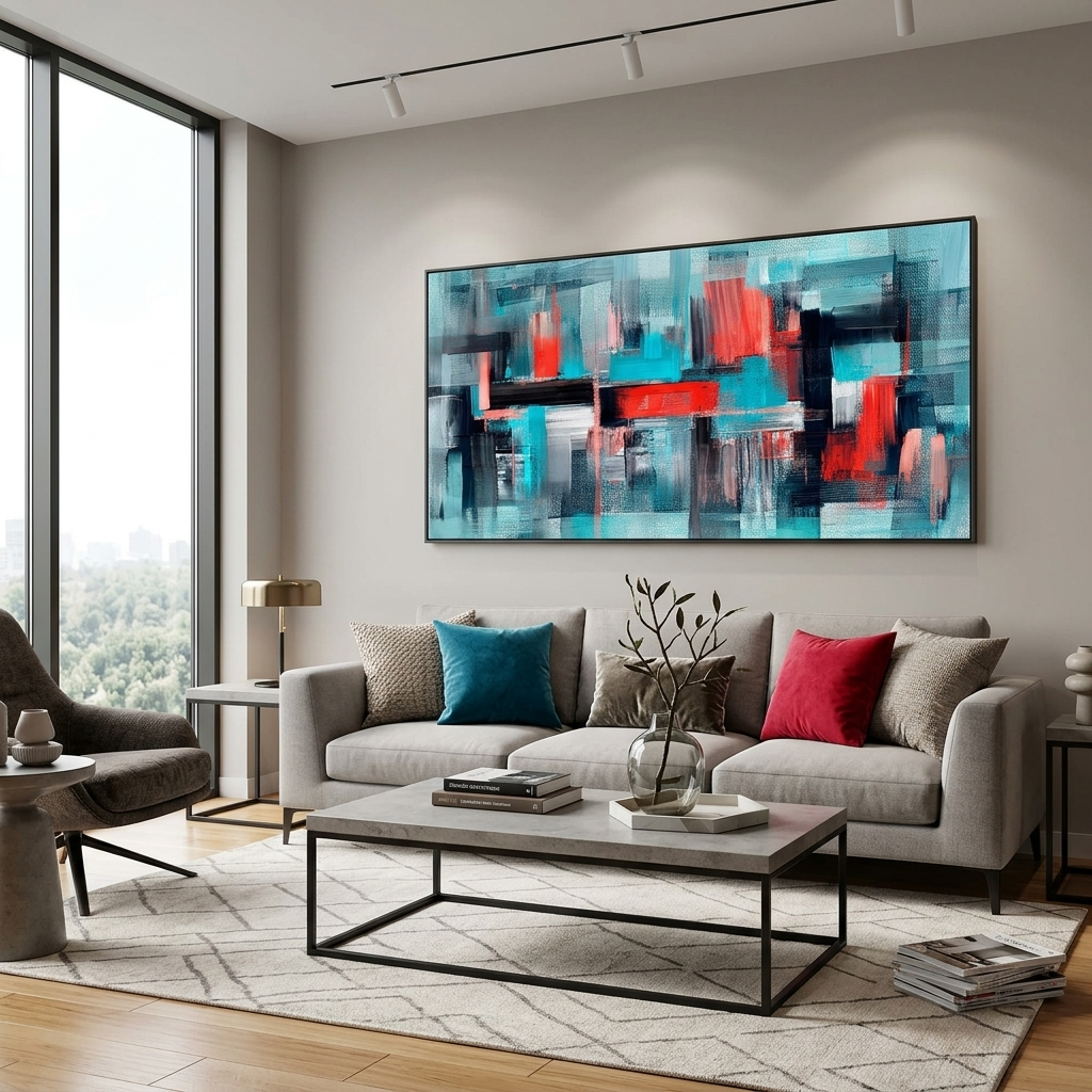 Turquoise abstract with red and black details Abstraction Canvas Wall Art Print