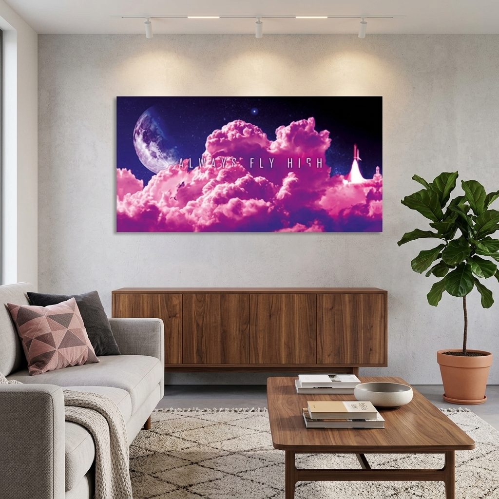 Pink clouds on the background of the month with the inscription Motivational Canvas Wall Art Print