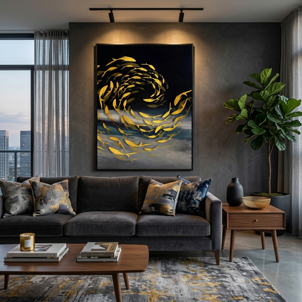 Fish in the color gold Abstraction Canvas Wall Art Print