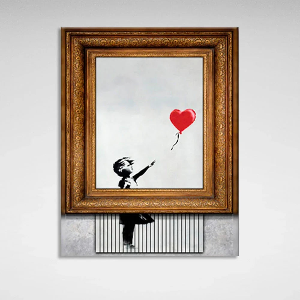 A boy lets go of a framed balloon Canvas Wall Art Print