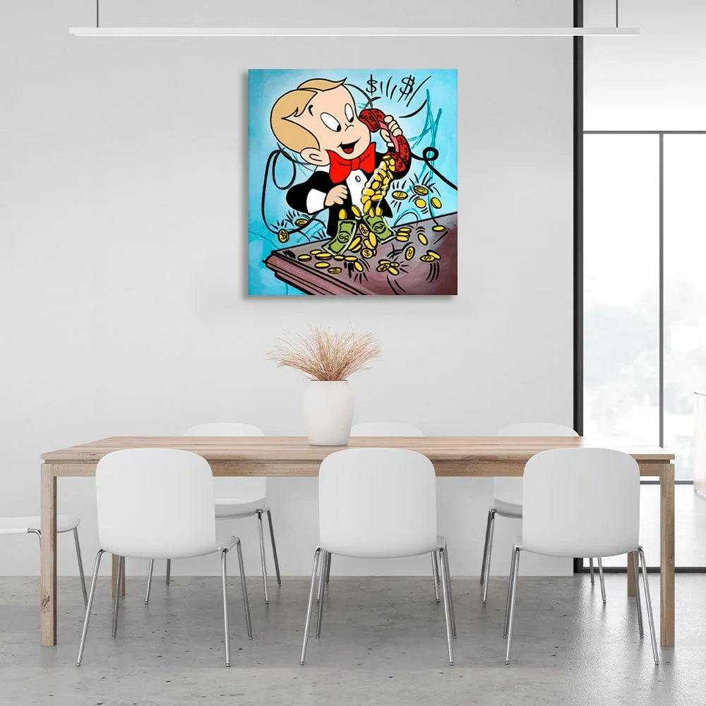 A boy with a cell phone and gold coins Canvas Wall Art Print