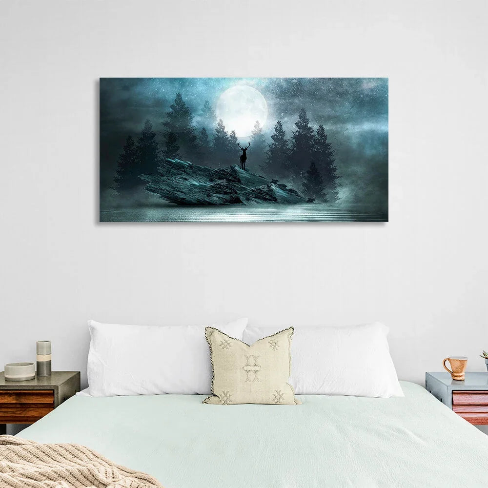 A deer on a cliff against a forest backdrop under the moonlight Canvas Wall Art Print