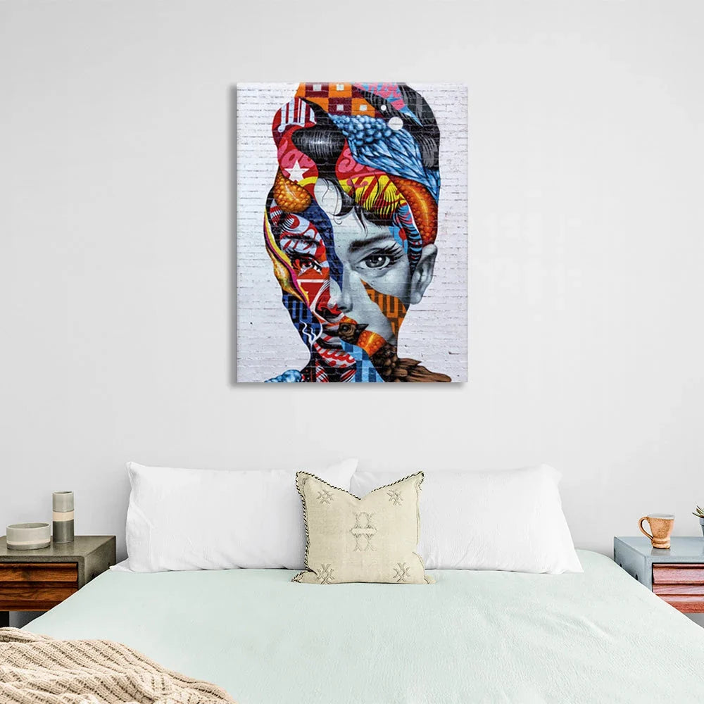 A girl in a bright color scheme on a gray background Canvas Wall Art Print