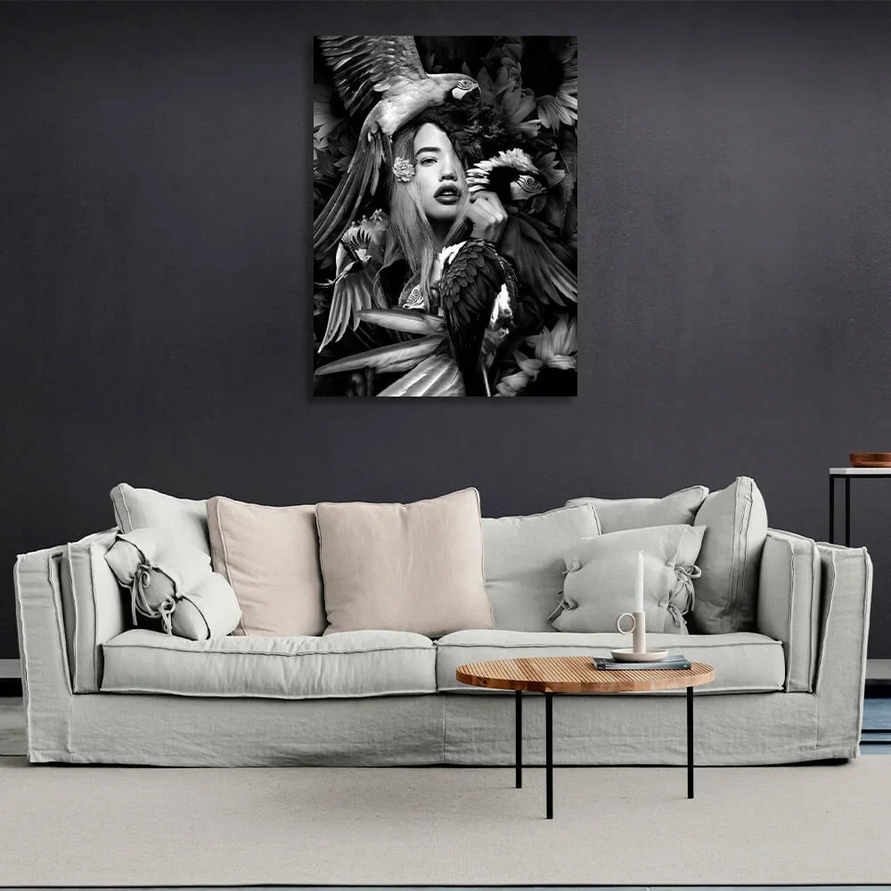 A woman and parrots in flowers black and white Canvas Wall Art Print