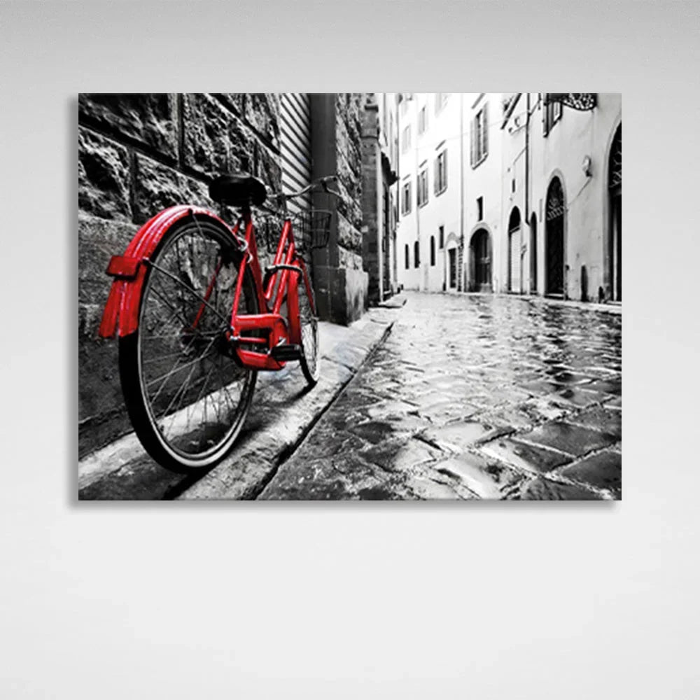 Black and white coloring of the street with a bright red bicycle Canvas Wall Art Print