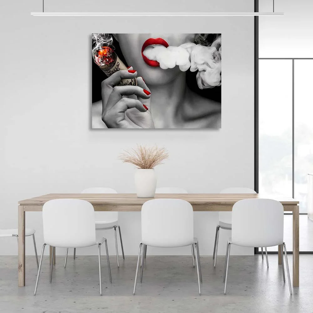 Canvas Wall Art Girl with a cigar of 100 dollars