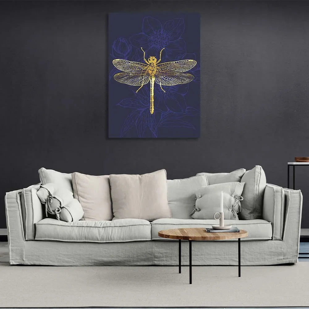 Canvas Wall Art Print Golden dragonfly on dark blue background