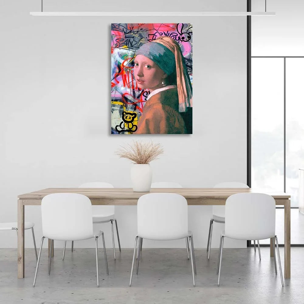 Canvas Wall Art Print Girl with a pearl earring on the background of the wall graffiti