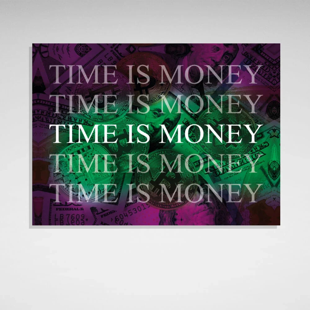 Dollars and bitcoin time is money on a purple background Inspirational Canvas Wall Art Print