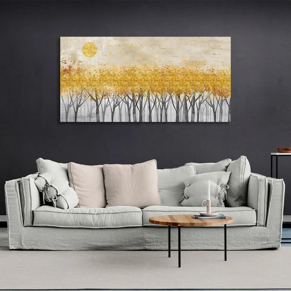 Gray trees with golden tops and moonlight Canvas Wall Art Print