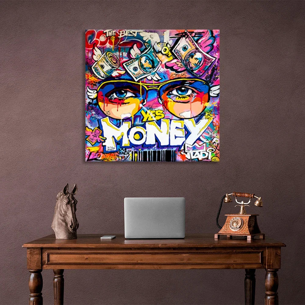 Graffiti that says Yes Money Inspirational Canvas Wall Art Print