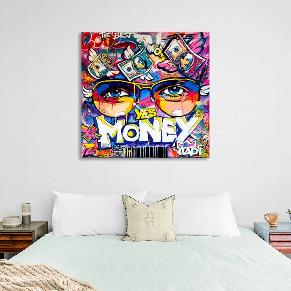 Graffiti that says Yes Money Inspirational Canvas Wall Art Print