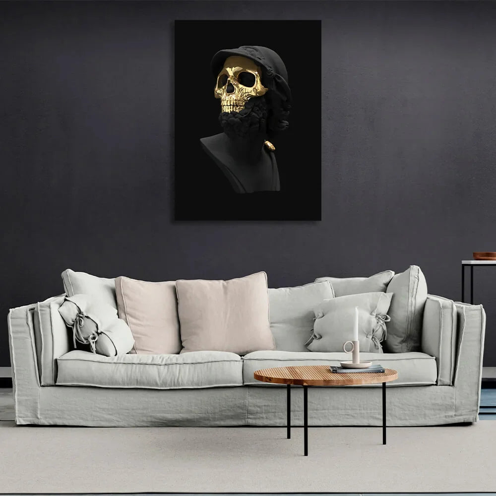 Interior A black statue of a man wearing a gold mask Canvas Wall Art Print