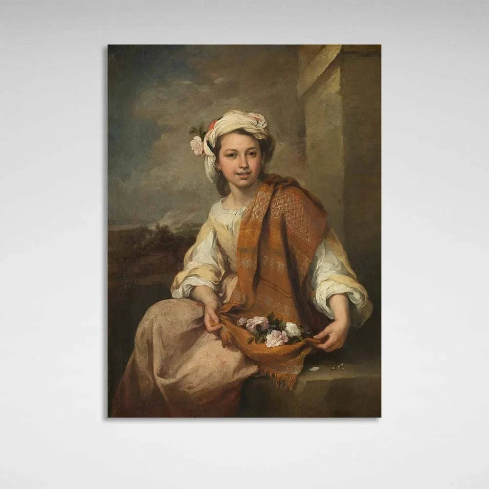 Girl with Flowers by Bartolomé Esteban Murillo Reproduction Canvas Wall Art Print
