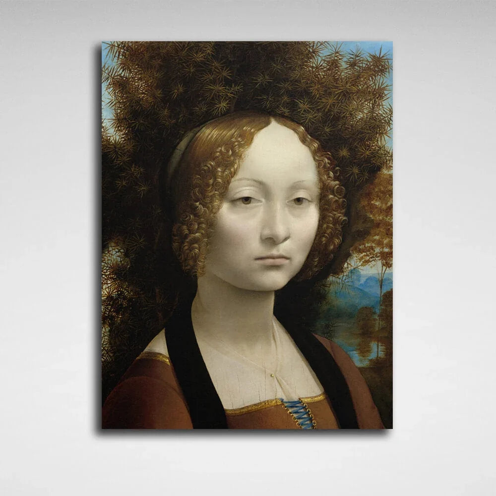 Portrait of Ginevra de Benci by Leonardo da Vinci Reproduction Canvas Wall Art Print