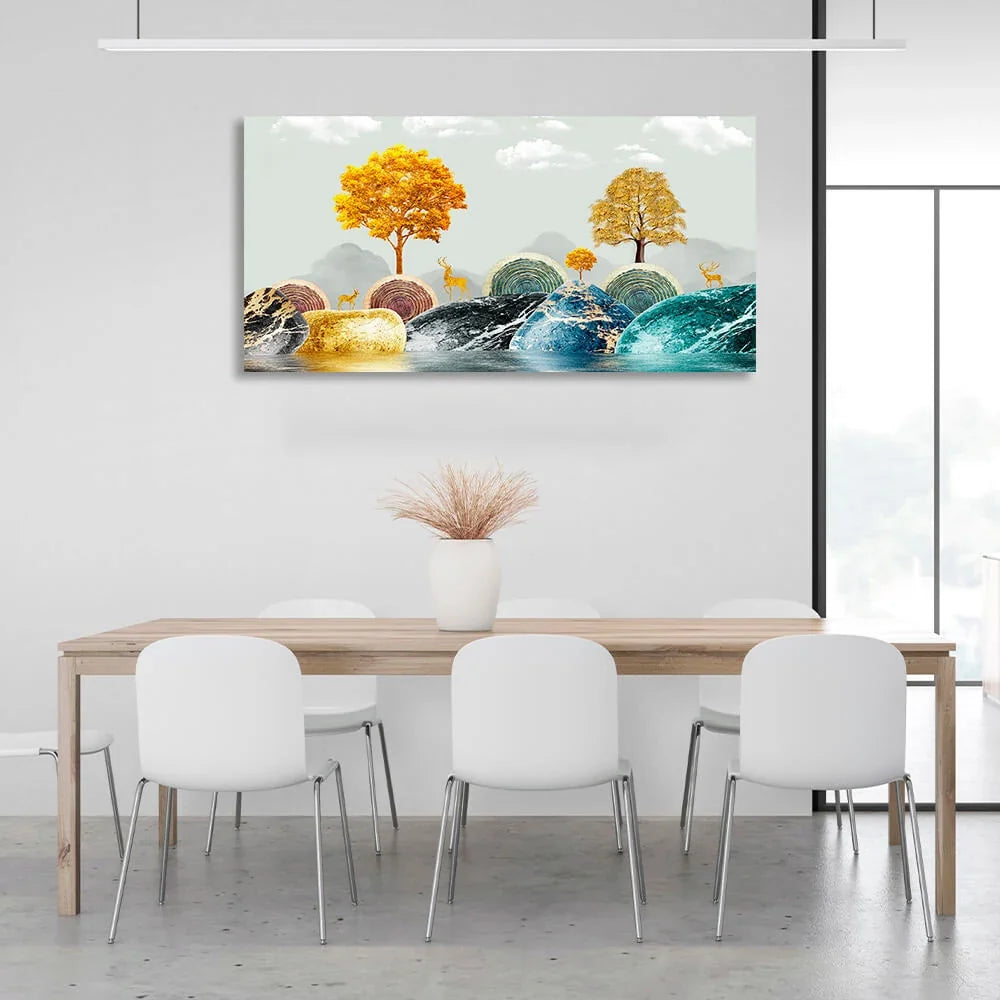Rocks with three deer on them and golden trees Canvas Wall Art Print