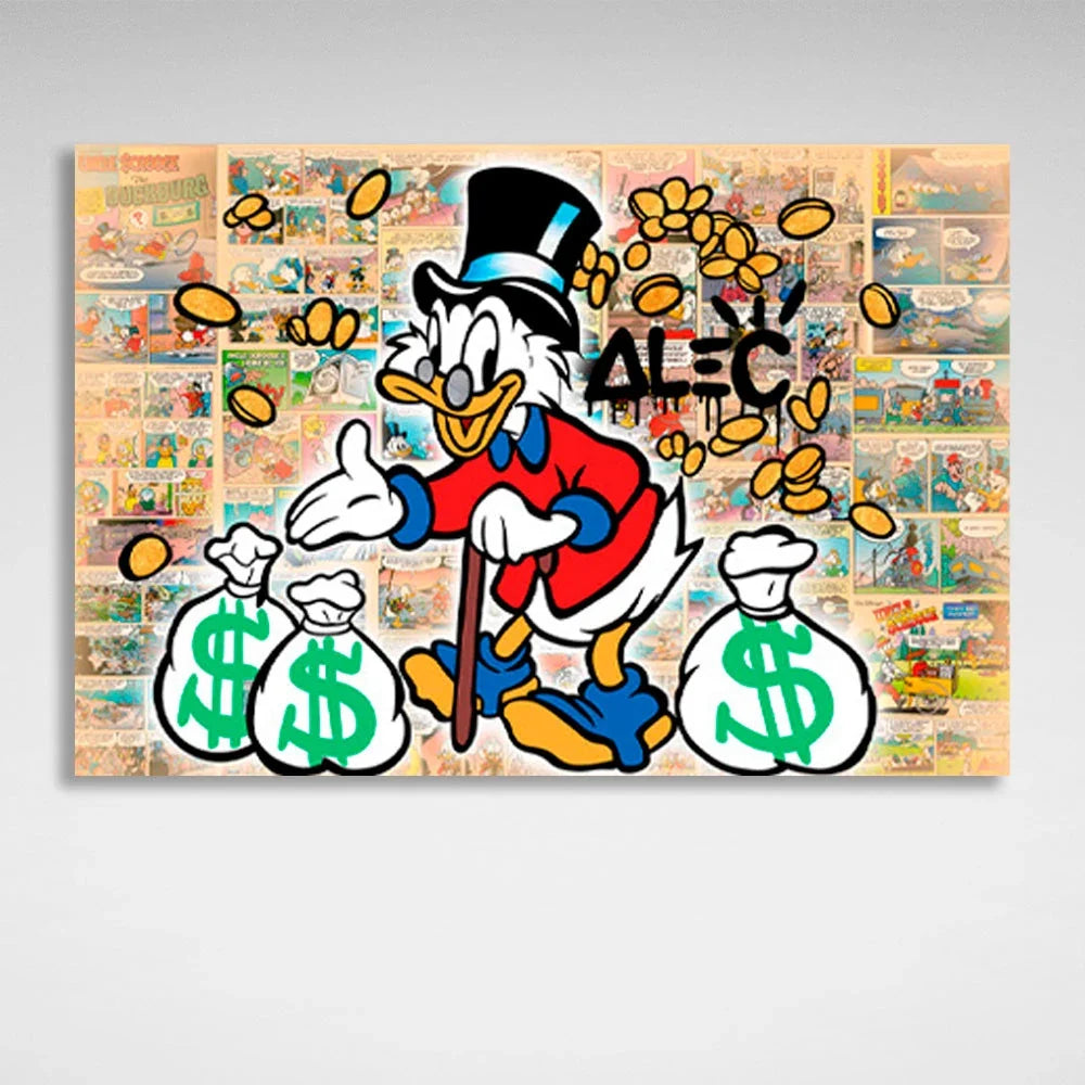 Scrooge with three white bags of gold in a comic book background Inspirational Canvas Wall Art Print