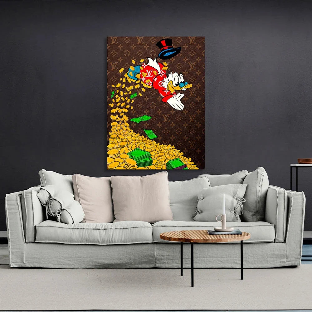 Scrooge swims in a pool of gold Inspirational Canvas Wall Art Print