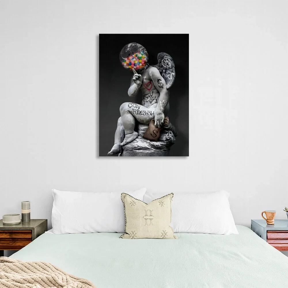 Statue of an angel head candy graffiti and a bag of money Inspirational Canvas Wall Art Print